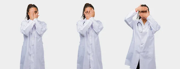 Set Young Black Female Doctor Worried Scared Looking Covering Face — Stock Photo, Image