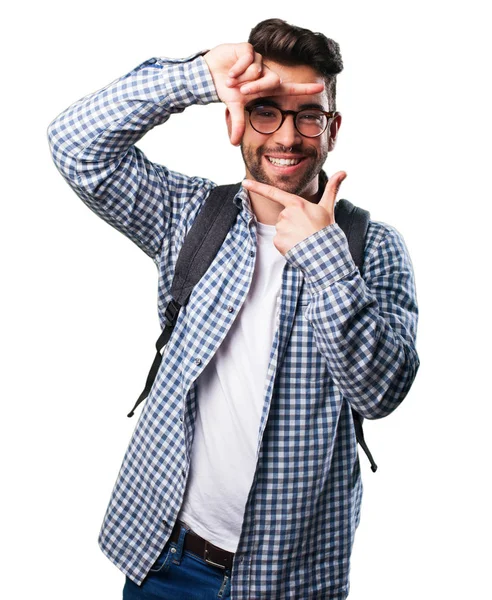 Junger Mann Macht Frame Geste Isoliert Auf Weißem Hintergrund — Stockfoto