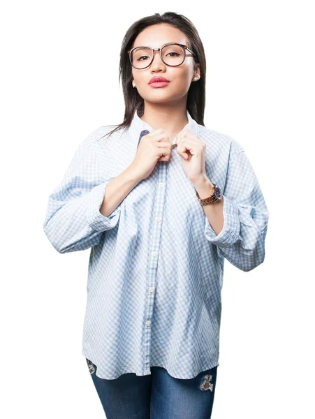 Asian Woman Adjusting Her Clothes Isolated White Background — Stock Photo, Image