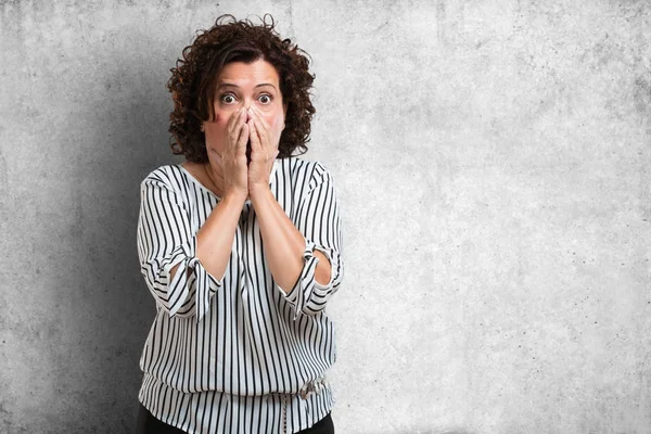 Middle Aged Woman Very Scared Afraid Desperate Something Cries Suffering — Stock Photo, Image