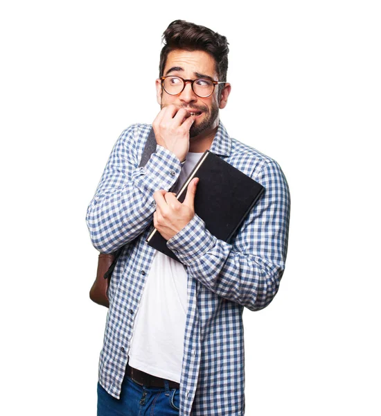 Studente Uomo Possesso Libro Isolato Sfondo Bianco — Foto Stock