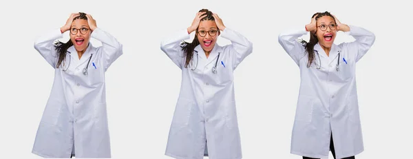 Set Young Black Female Doctor Frustrated Desperate Gray Background — Stock Photo, Image