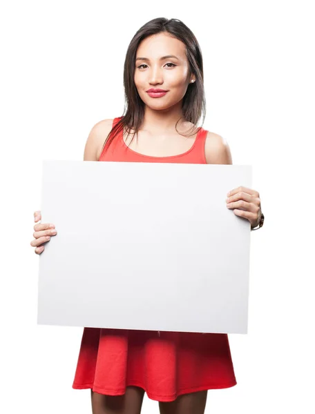 Mujer Asiática Vestido Rojo Sosteniendo Una Bandera — Foto de Stock