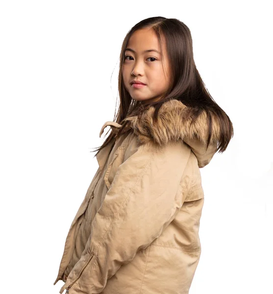 Chinese Little Girl Beige Jacket Standing Isolated White Background — Stock Photo, Image