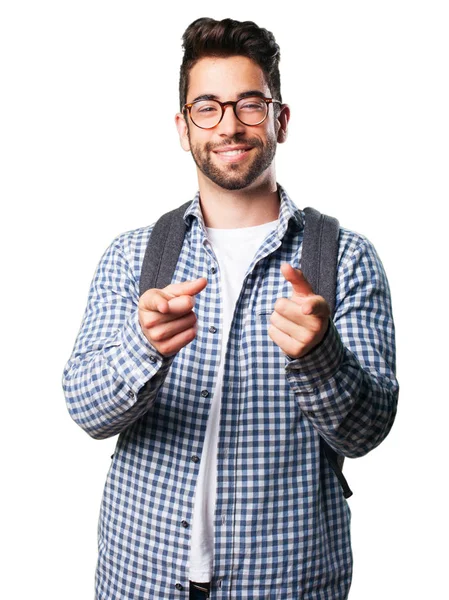 Jovem Apontando Frente Isolado Fundo Branco — Fotografia de Stock