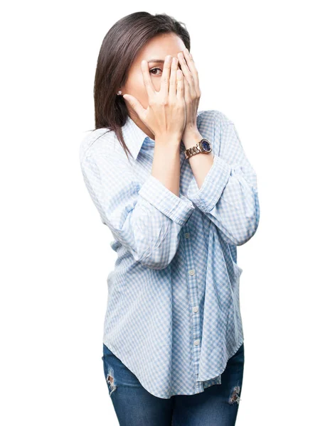 Mujer Asiática Cubriendo Cara Aislada Sobre Fondo Blanco —  Fotos de Stock