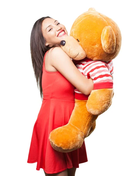 Asian Woman Red Dress Holding Teddy Bear — Stock Photo, Image