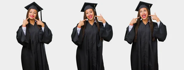 Set Graduated Young Black Woman Pointing Mouth Concept Perfect Teeth — Stock Photo, Image
