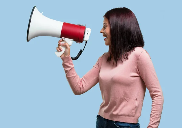 Young Pretty Woman Excited Euphoric Shouting Megaphone Sign Revolution Change — Stock Photo, Image