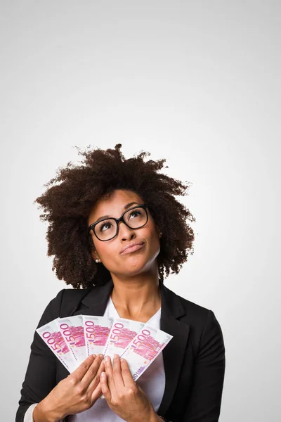 Black Business Woman Holding Money Bills Gray Background — Stock Photo, Image