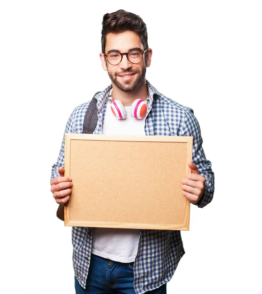 Φοιτητής Άνθρωπος Που Κρατά Ένα Corkboard Που Απομονώνονται Λευκό Φόντο — Φωτογραφία Αρχείου