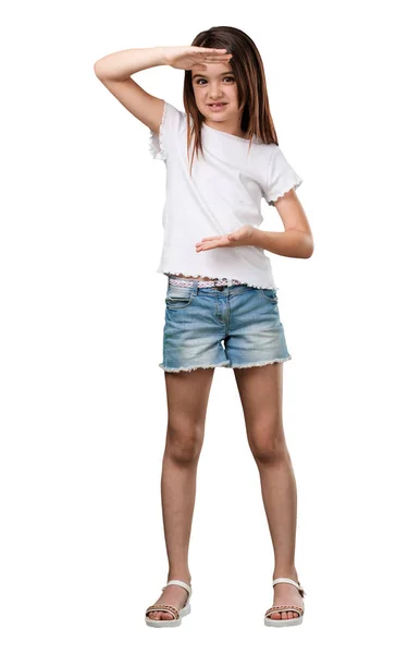 Full Body Little Girl Holding Something Hands Showing Product Smiling — Stock Photo, Image