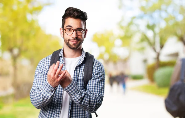 Young Man Doing Sex Gesture Blurred Background — Stock Photo, Image