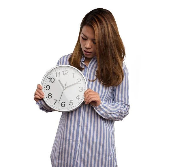 Chinese Woman Striped Shirt Holding Big Clock Isolated White Background — Stock Photo, Image