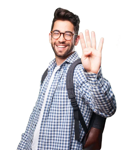 Estudante Homem Fazendo Número Quatro Gesto Isolado Fundo Branco — Fotografia de Stock