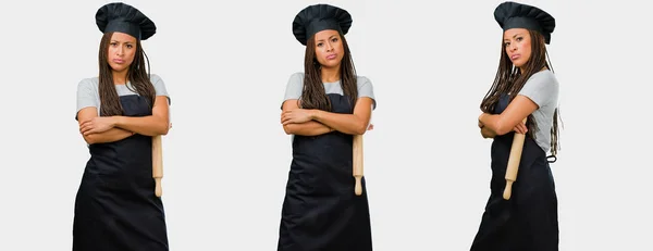 Set Young Black Female Baker Black Uniform Very Angry Upset — Stock Photo, Image