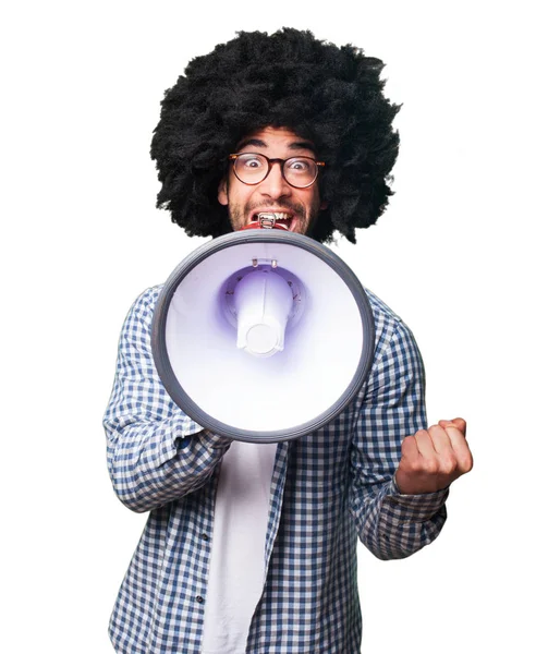 Afro Man Shouting Megaphone Isolated White Background — Stock Photo, Image