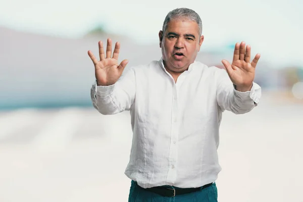 Middle Aged Man Serious Determined Putting Hand Front Stop Gesture — Stock Photo, Image