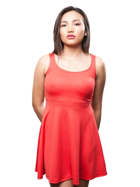 Mujer Asiática Vestido Rojo Posando Aislado Sobre Fondo Blanco — Foto de Stock