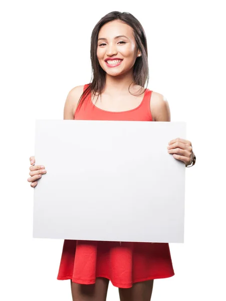 Asian Kobieta Trzymając Transparent Białym Tle — Zdjęcie stockowe