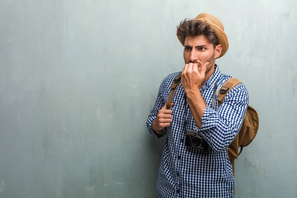 Young Handsome Traveler Man Wearing Straw Hat Backpack Photo Camera — Stock Photo, Image