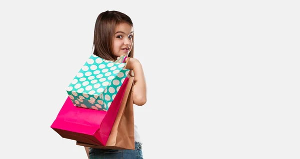 Chica Cuerpo Completo Alegre Sonriente Muy Emocionada Llevando Una Bolsa — Foto de Stock