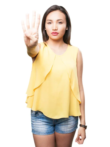 Asian Woman Doing Number Four Gesture Isolated White Background — Stock Photo, Image