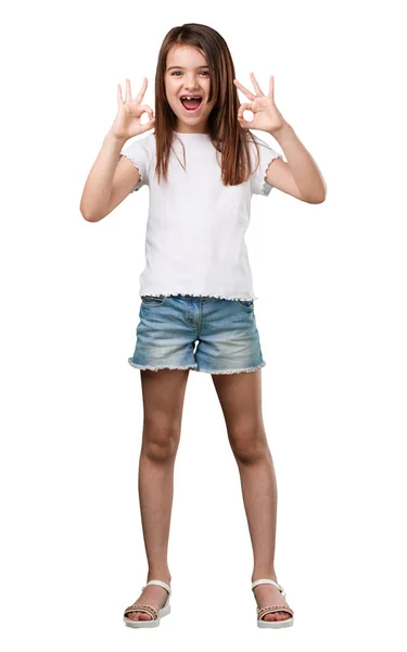 Full Body Little Girl Cheerful Confident Doing Gesture Excited Screaming — Stock Photo, Image