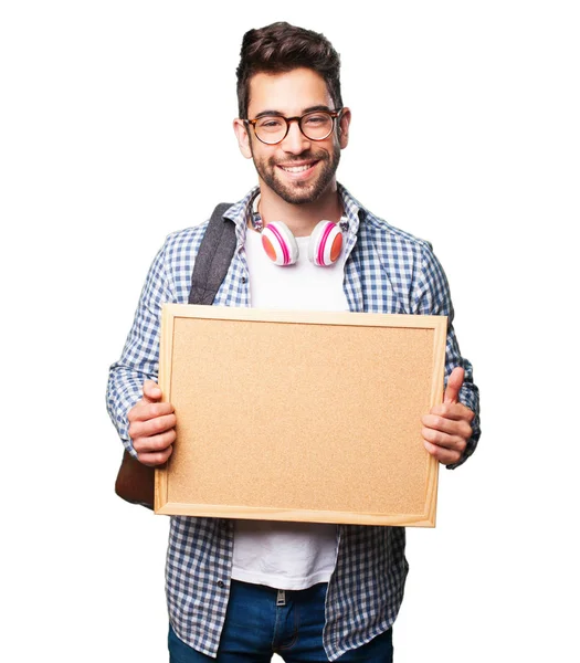 Studente Uomo Possesso Sughero Isolato Sfondo Bianco — Foto Stock