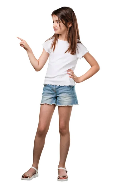 Full Body Little Girl Pointing Side Smiling Surprised Presenting Something — Stock Photo, Image