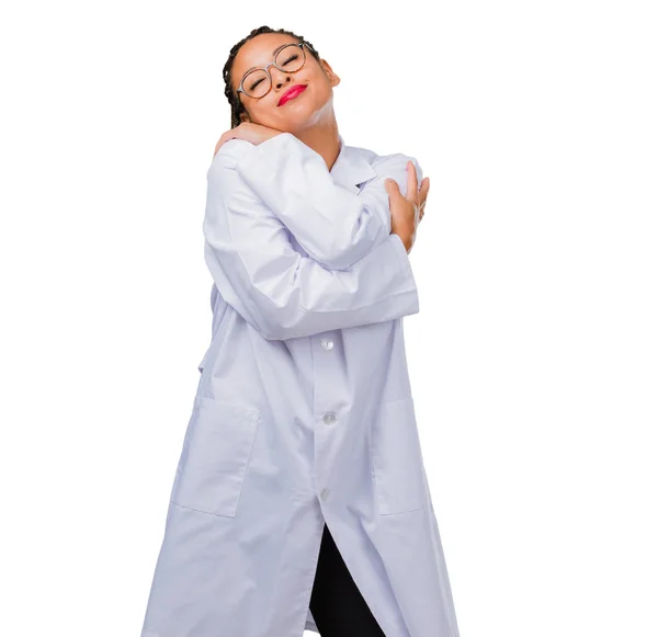 Portrait Young Black Doctor Woman Proud Confident Pointing Fingers Example — Stock Photo, Image