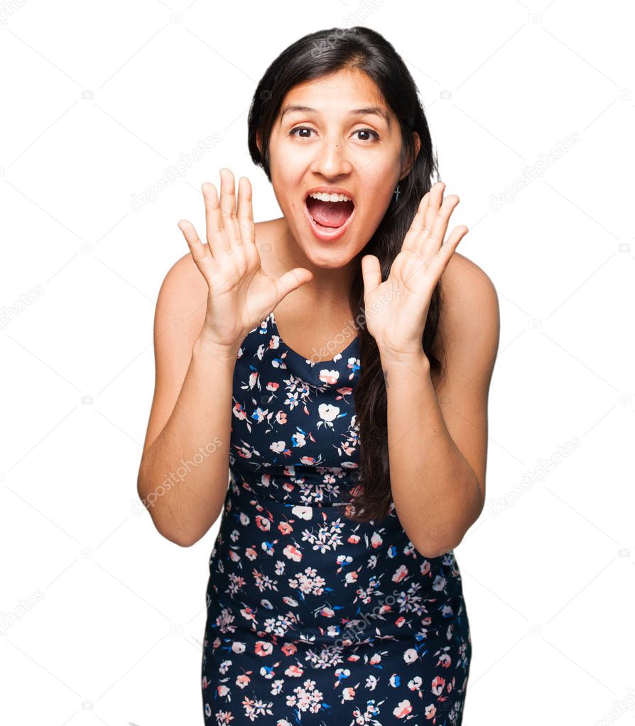latin woman shouting isolated on white background