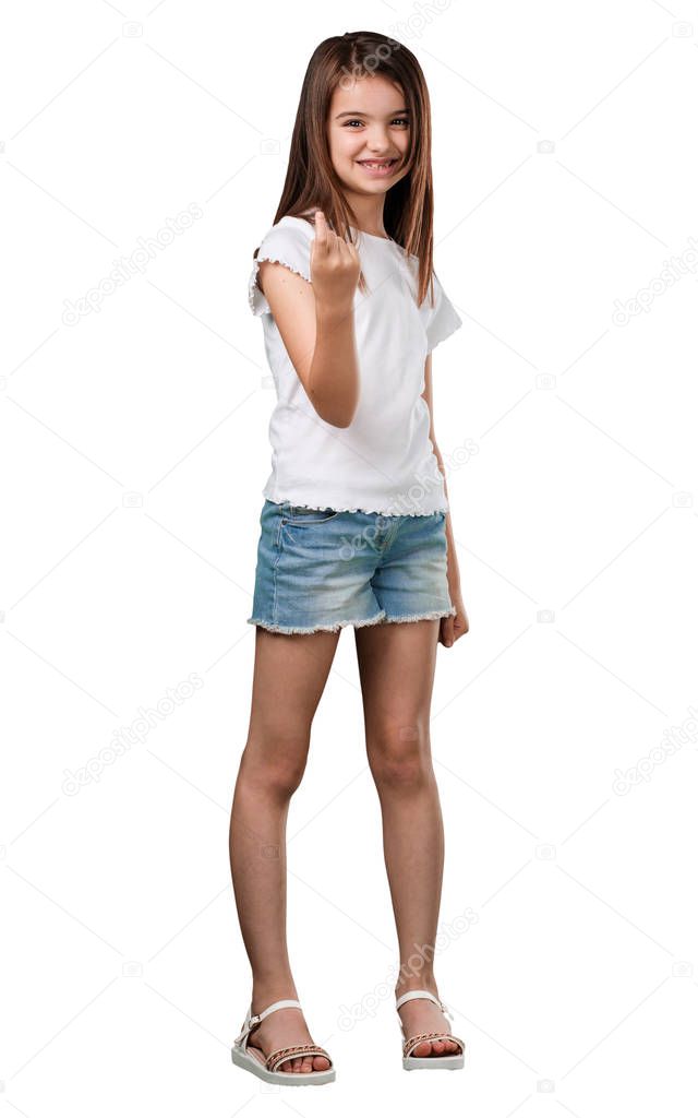 Full body little girl inviting to come, confident and smiling making a gesture with hand, being positive and friendly