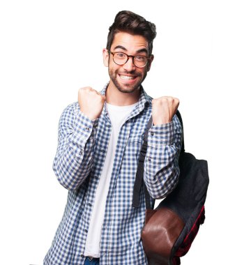 Beyaz arka plan üzerinde izole kazanan öğrenci adam