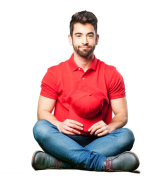 pizza dağıtıcı üzerinde izole beyaz arka plan oturan