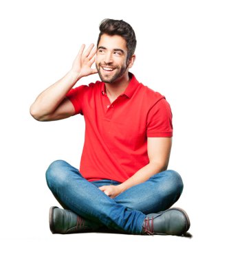 dinleme izole üzerinde beyaz arka plan oturan adam