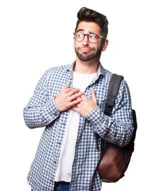 Beyaz arka plan üzerinde izole korkuyor öğrenci adam