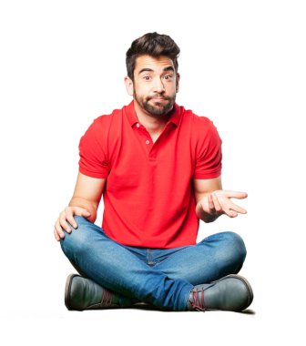 Beyaz arka plan üzerinde izole oturma şüphe dostum