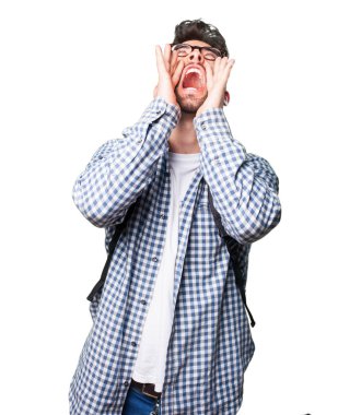 izole üzerinde beyaz arka plan bağırarak öğrenci adam