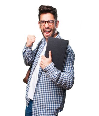 Beyaz arka plan üzerinde izole bir kitap öğrenci adam