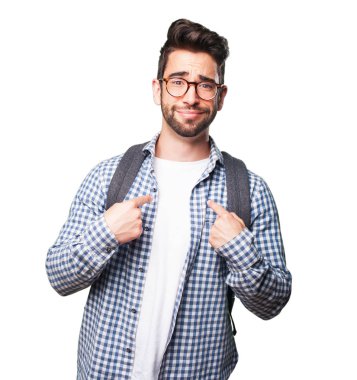 Beyaz arka plan üzerinde izole endişeli öğrenci adam