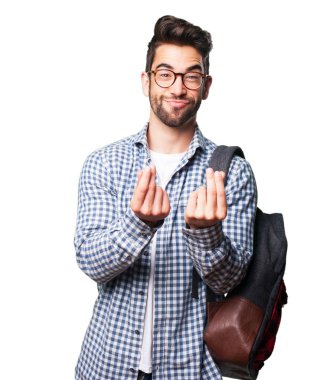 Beyaz arka plan üzerinde izole zengin jest yapan öğrenci erkek