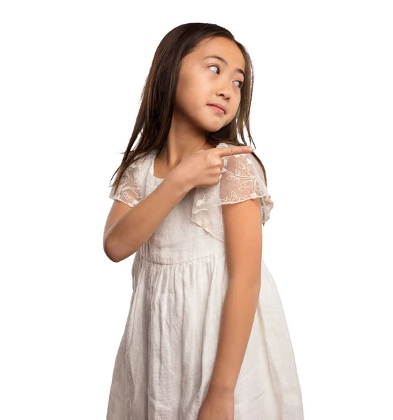 Chinese Little Girl White Dress Pointing Space Isolated White Background — Stock Photo, Image