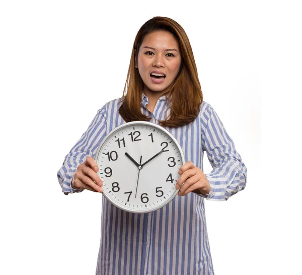 Chinese Woman Striped Shirt Holding Big Clock Isolated White Background — Stock Photo, Image