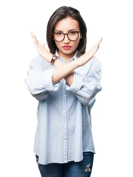 在白色背景查出的跨手势亚洲女人 — 图库照片