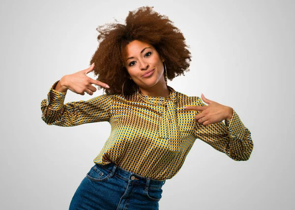 Afro Woman Pointing Her Shirt — Stock Photo, Image
