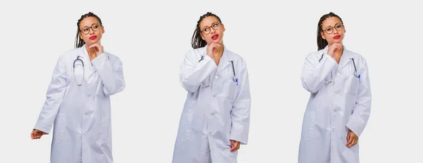 Set Young Black Female Doctor Thinking Looking Gray Background — Stock Photo, Image