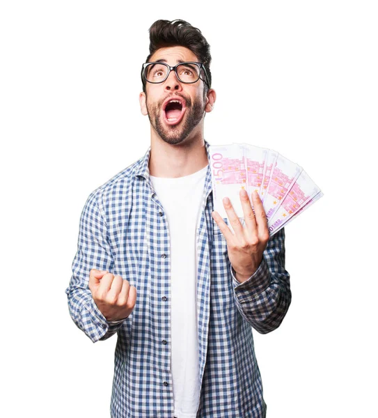 Young Man Winning Money Isolated White Background — Stock Photo, Image