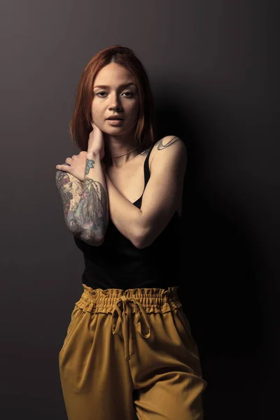 Studio Shot Pretty Redhead Girl Dark Background — Stock Photo, Image