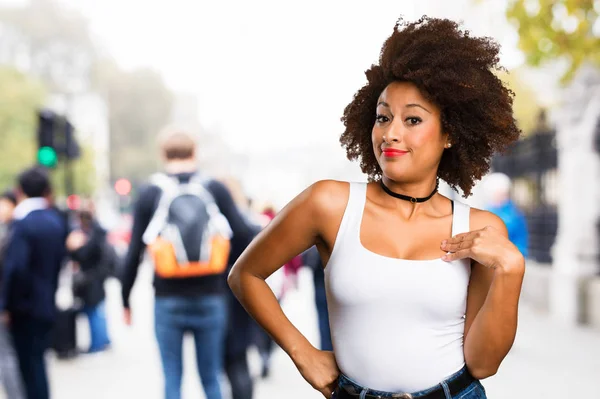 Young Black Woman Pointing Herlself Blurred Background — Stock Photo, Image